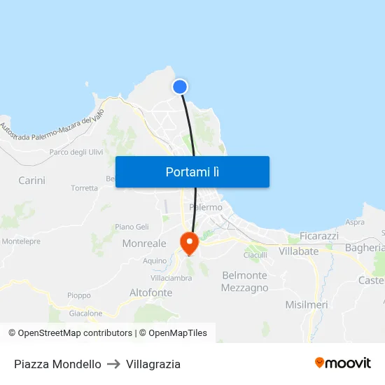 Piazza Mondello to Villagrazia map