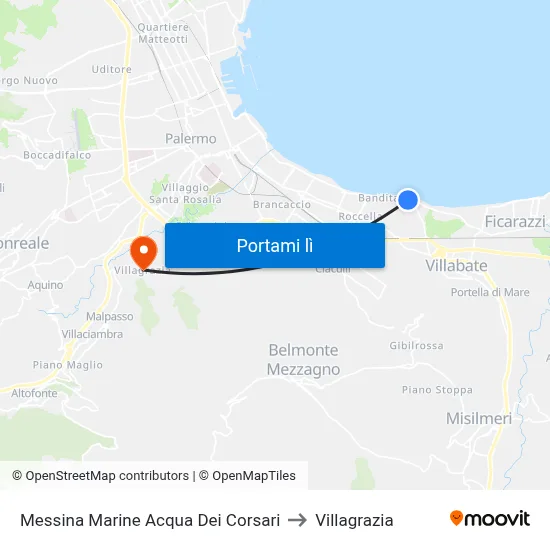 Messina Marine Acqua Dei Corsari to Villagrazia map