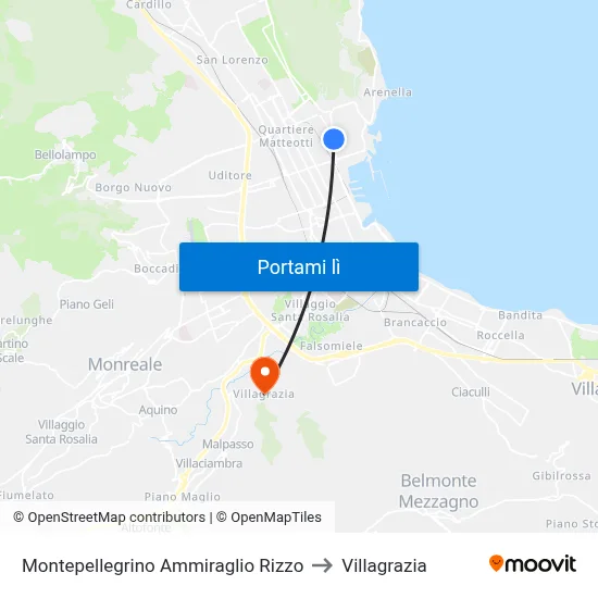 Montepellegrino Ammiraglio Rizzo to Villagrazia map