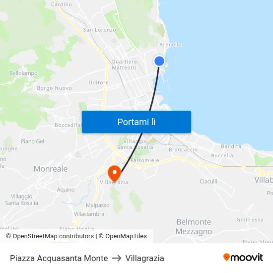 Piazza Acquasanta Monte to Villagrazia map