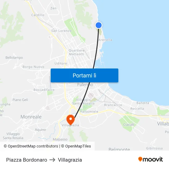 Piazza Bordonaro to Villagrazia map