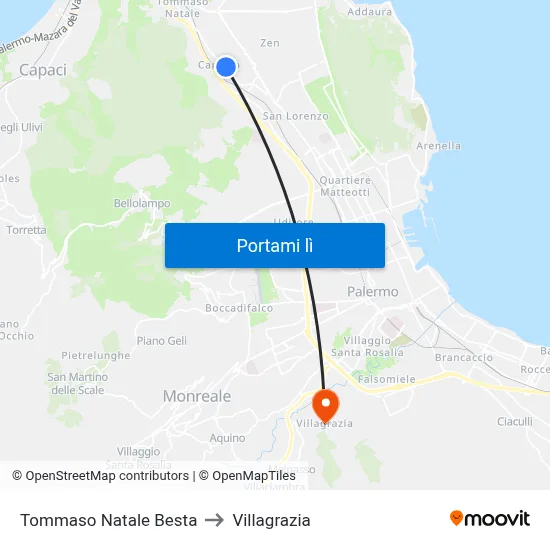 Tommaso Natale Besta to Villagrazia map
