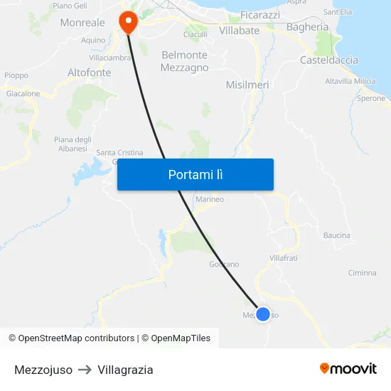 Mezzojuso to Villagrazia map