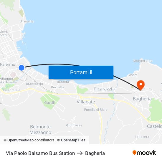 Via Paolo Balsamo Bus Station to Bagheria map