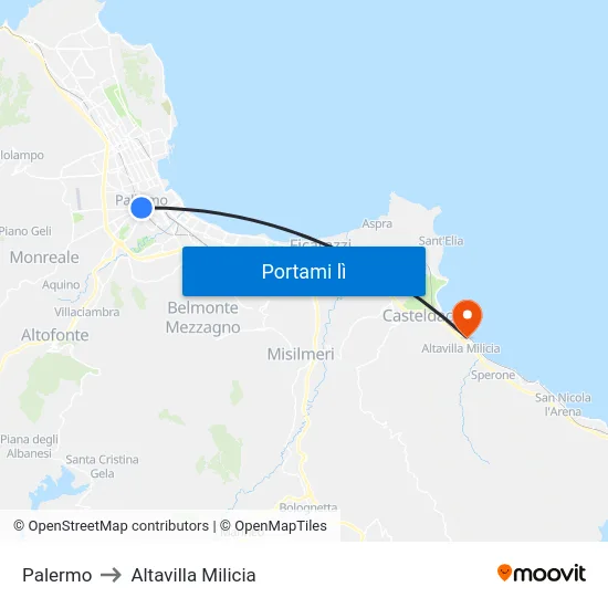 Palermo to Altavilla Milicia map
