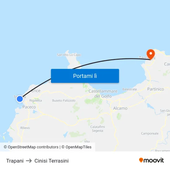 Trapani to Cinisi Terrasini map