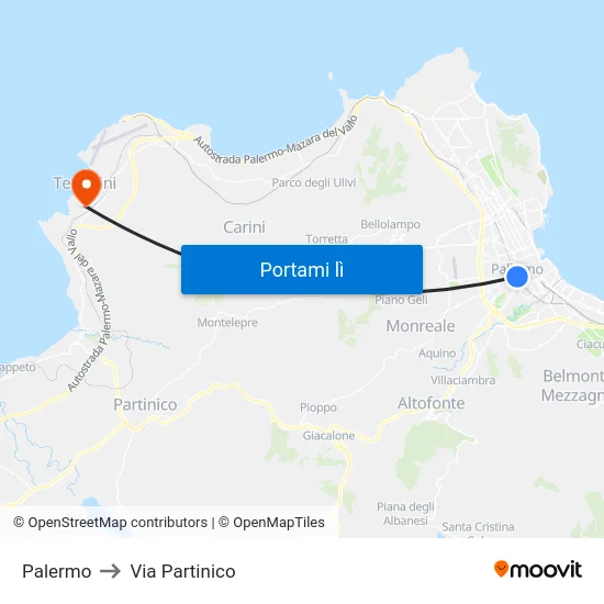 Palermo to Via Partinico map