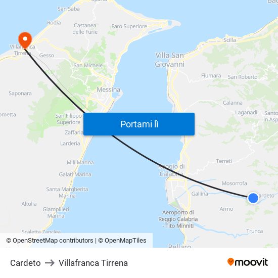 Cardeto to Villafranca Tirrena map