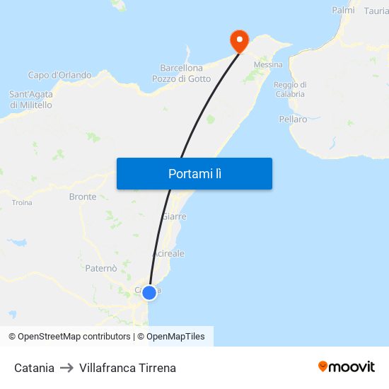 Catania to Villafranca Tirrena map
