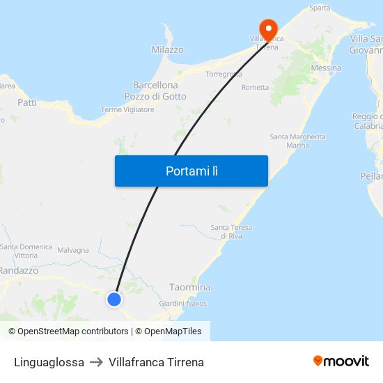 Linguaglossa to Villafranca Tirrena map