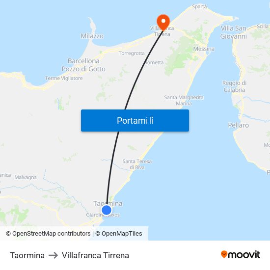 Taormina to Villafranca Tirrena map