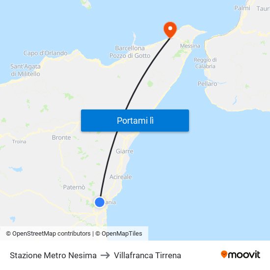 Stazione Metro Nesima to Villafranca Tirrena map