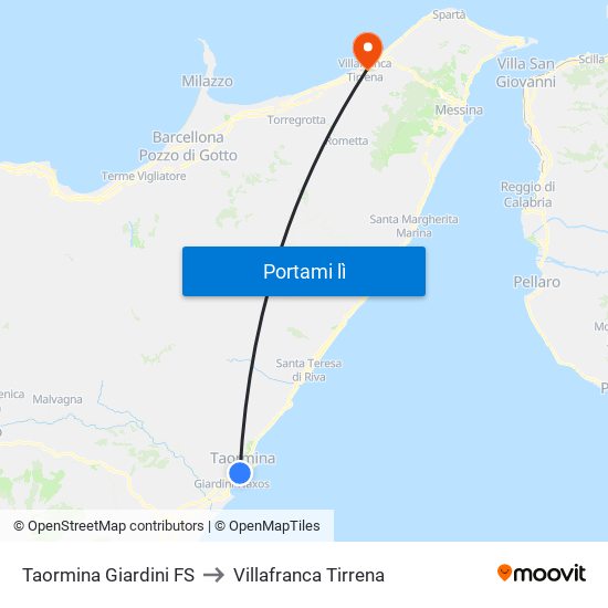 Taormina Giardini FS to Villafranca Tirrena map