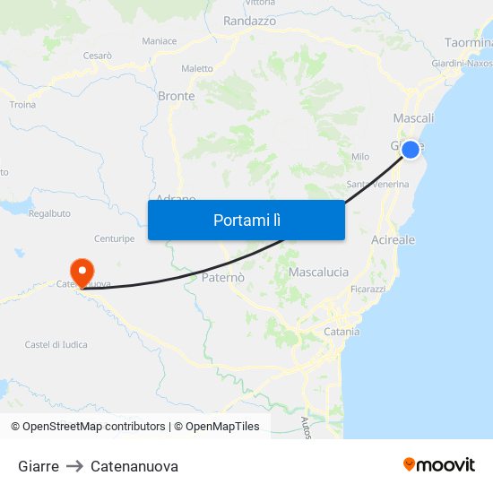 Giarre to Catenanuova map