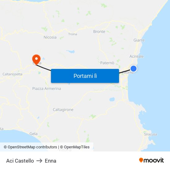 Aci Castello to Enna map
