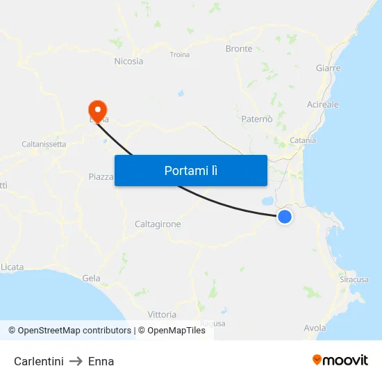 Carlentini to Enna map