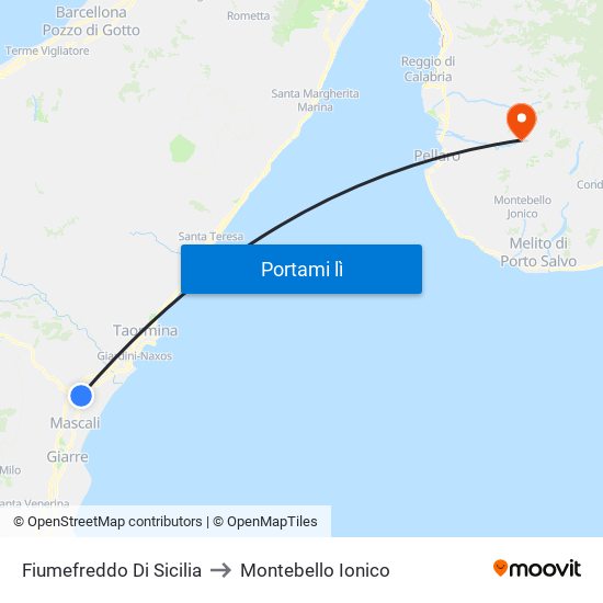 Fiumefreddo Di Sicilia to Montebello Ionico map