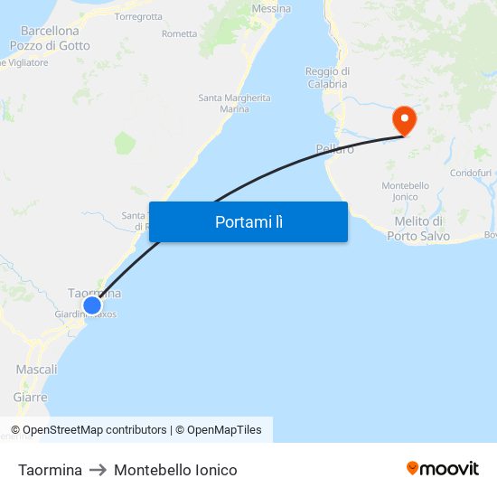 Taormina to Montebello Ionico map