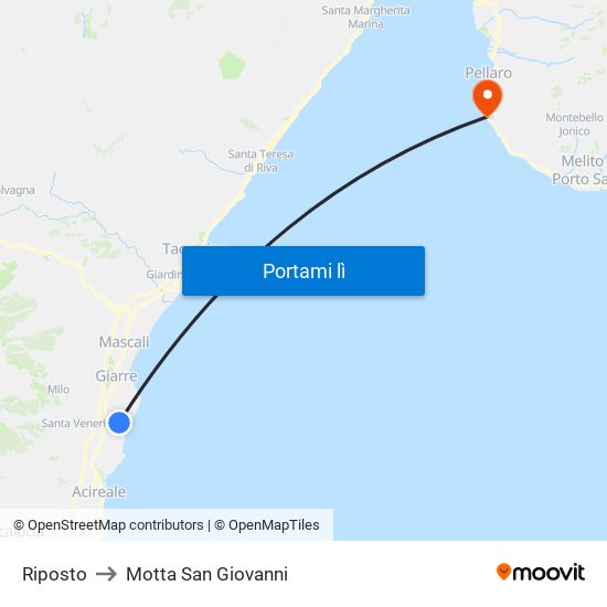 Riposto to Motta San Giovanni map