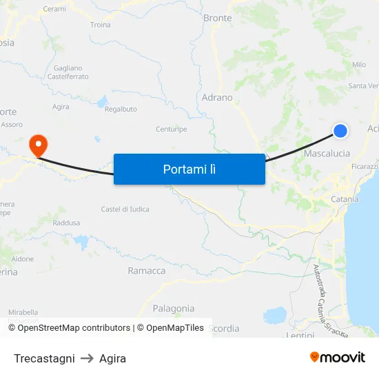 Trecastagni to Agira map
