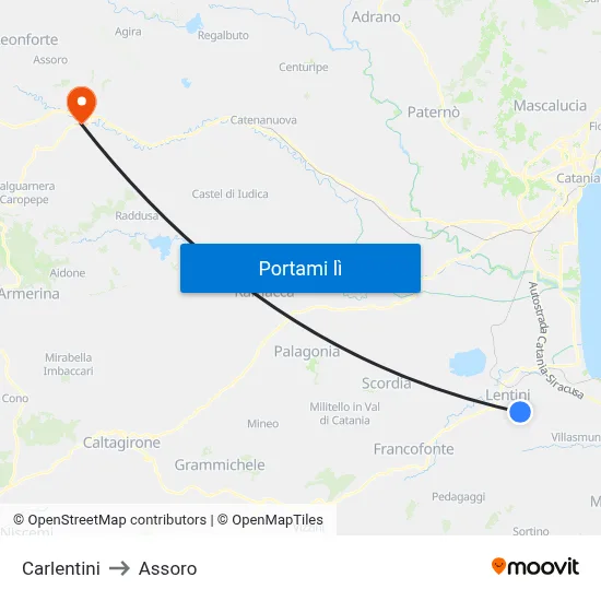 Carlentini to Assoro map