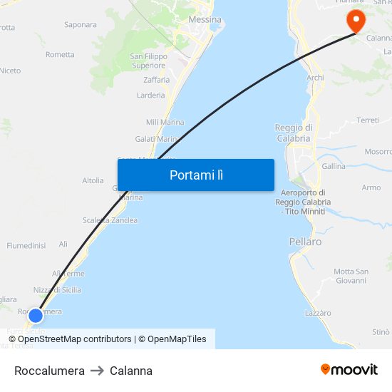 Roccalumera to Calanna map
