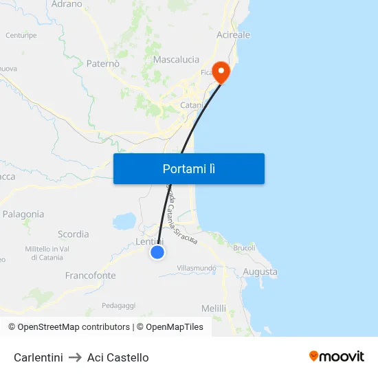 Carlentini to Aci Castello map