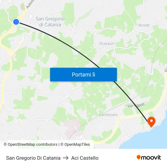 San Gregorio Di Catania to Aci Castello map