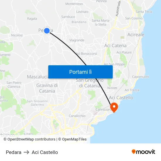 Pedara to Aci Castello map