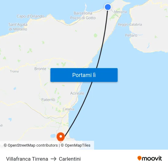 Villafranca Tirrena to Carlentini map
