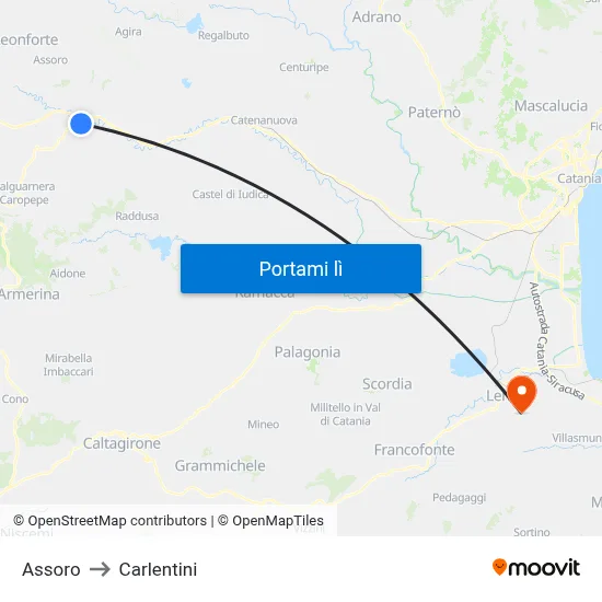 Assoro to Carlentini map