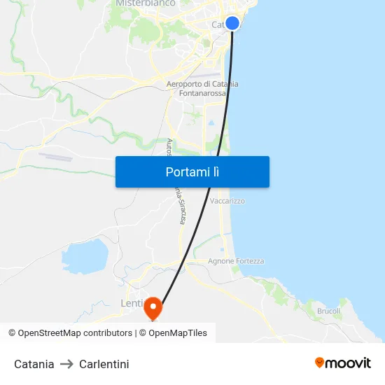 Catania to Carlentini map