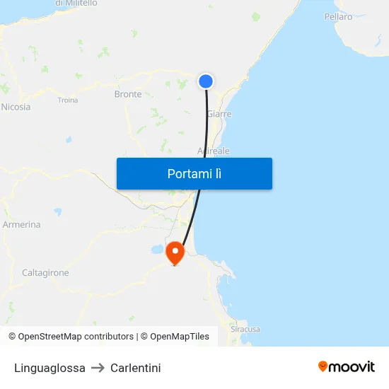 Linguaglossa to Carlentini map