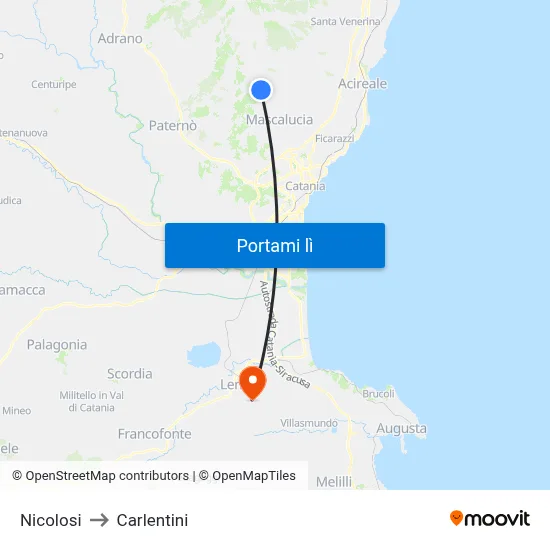 Nicolosi to Carlentini map