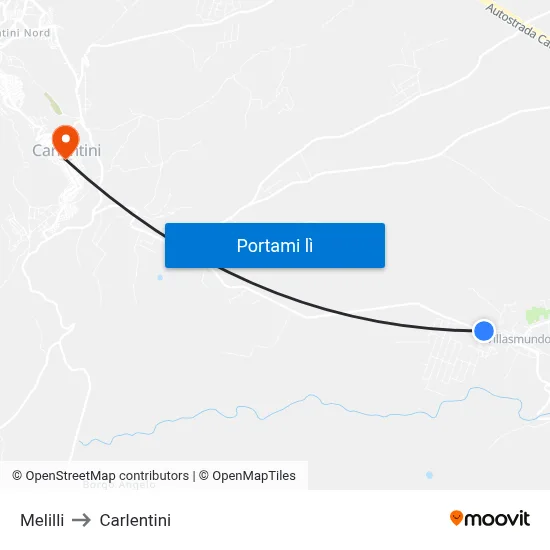 Melilli to Carlentini map