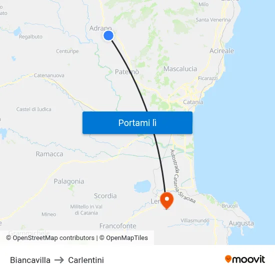 Biancavilla to Carlentini map
