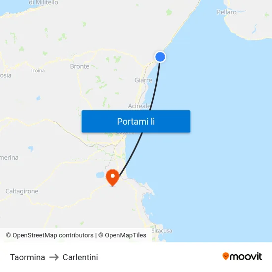 Taormina to Carlentini map