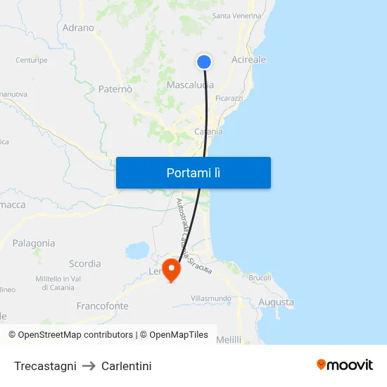 Trecastagni to Carlentini map