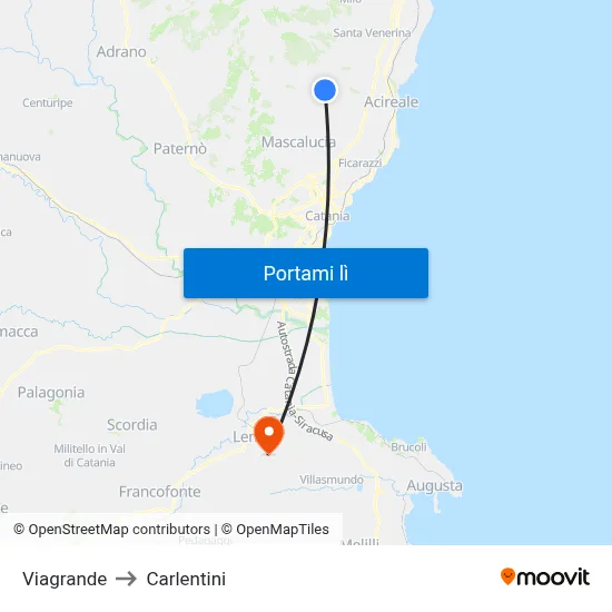 Viagrande to Carlentini map