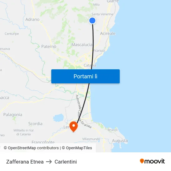 Zafferana Etnea to Carlentini map