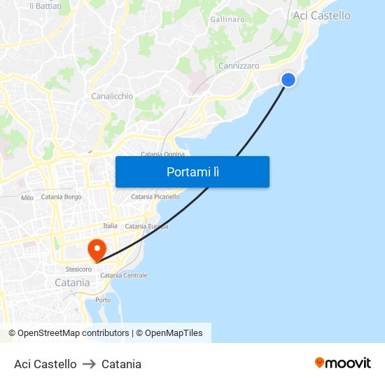 Aci Castello to Catania map