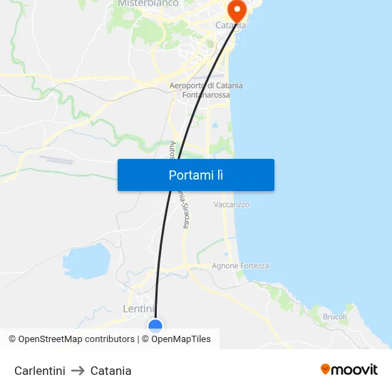 Carlentini to Catania map