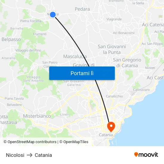 Nicolosi to Catania map