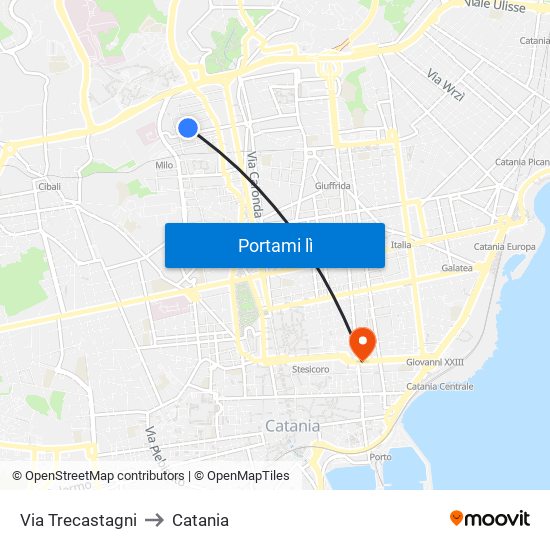 Via Trecastagni to Catania map