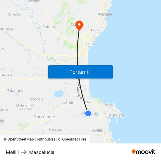 Melilli to Mascalucia map
