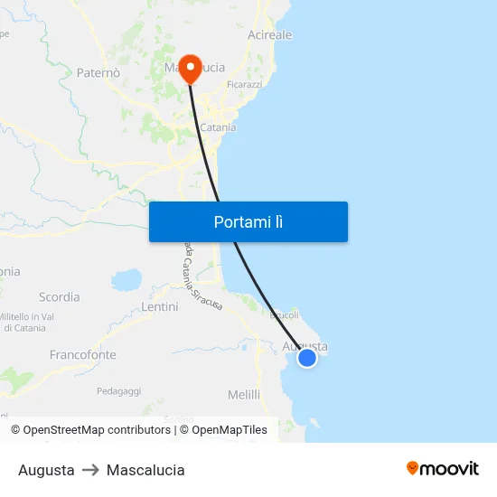 Augusta to Mascalucia map