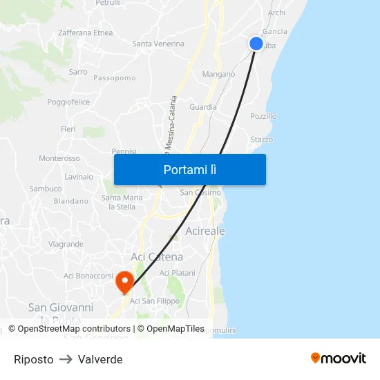 Riposto to Valverde map