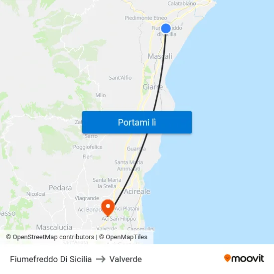 Fiumefreddo Di Sicilia to Valverde map