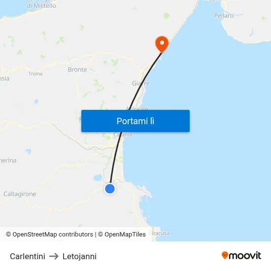 Carlentini to Letojanni map