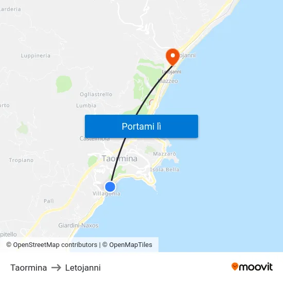 Taormina to Letojanni map